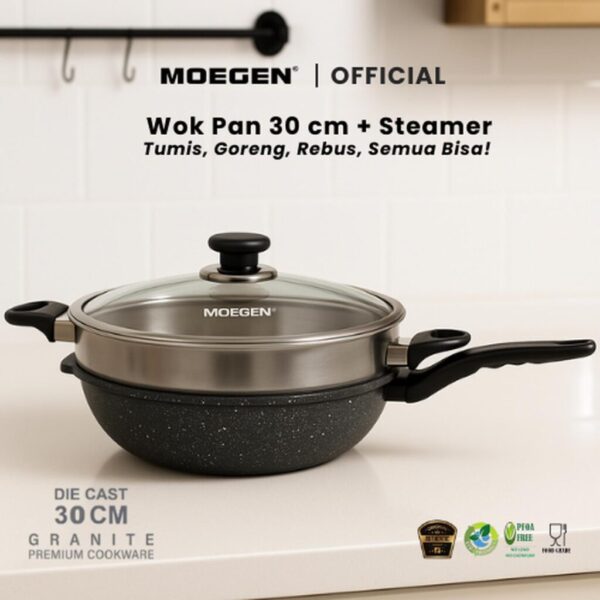 MOEGEN Color Wok Pan 30 cm With Steamer Granite Coating