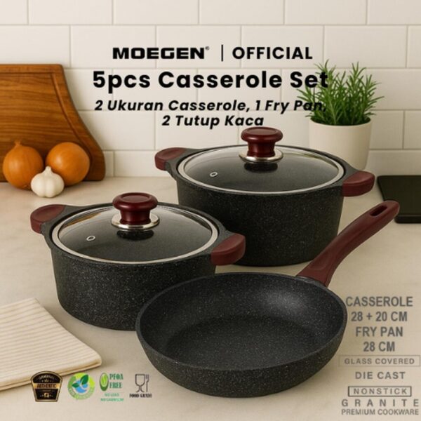 MOEGEN Casserole 5 PCS Granite Series 20+28 cm & Fry Pan 28 cm