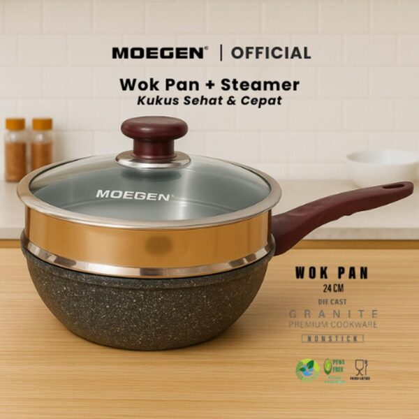 MOEGEN Wok Pan 24cm Granite Plus Steamer / Kukusan