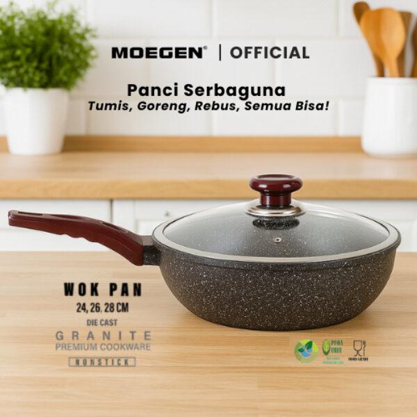 MOEGEN Wok Pan 24 cm Granite Series + Glass Cover