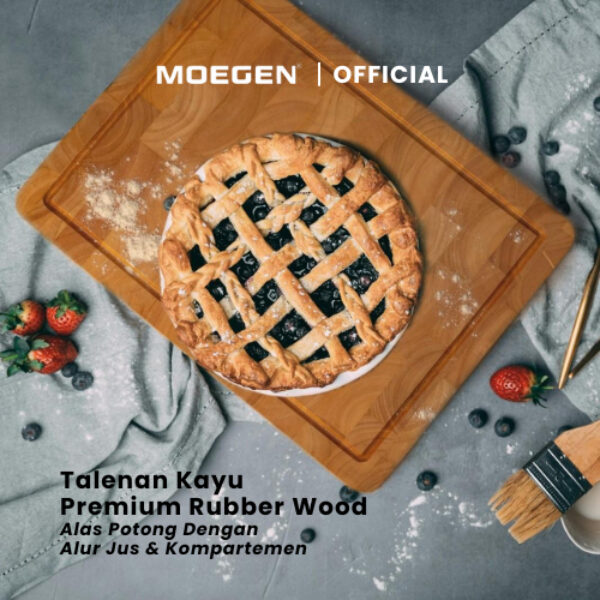 MOEGEN Cutting Board / Talenan Kayu Rubber Wood Dengan Alur Jus / Kompartemen