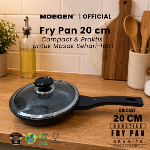 MOEGEN Fry Pan 20 cm Granite Series Anti Lengket Anti Lengket Penggorengan Serbaguna Dengan Lapisan Granit Plus Tutup Kaca