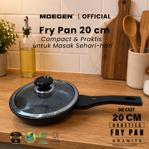 MOEGEN Fry Pan 20 cm Granite Series Anti Lengket Anti Lengket Penggorengan Serbaguna Dengan Lapisan Granit Plus Tutup Kaca
